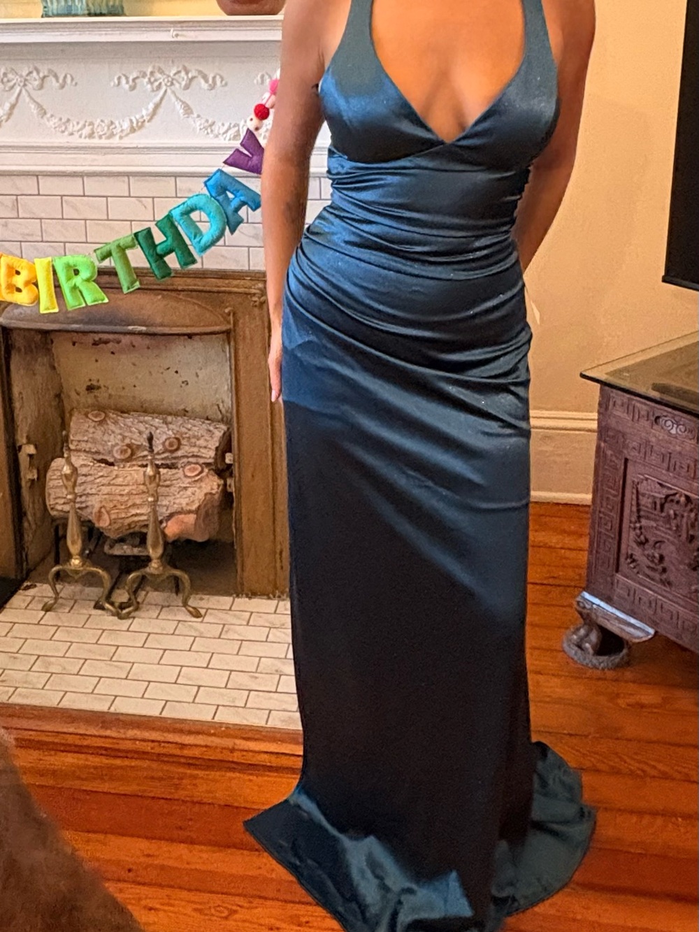 Windsor Teal Satin Halter Prom Gown